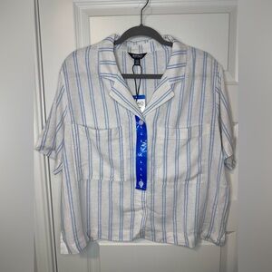 NWT Buffalo Women’s Blue and White Striped Linen Blend Button Down Shirt